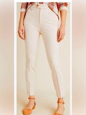 Anthropologie The Essential Slim Cropped Cream Pink Pinstripe Trousers size 14